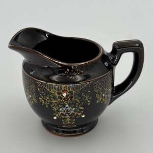 Vintage Japan Moriage Black Creamer Hand Painted Gold Floral Pitcher 3.25"